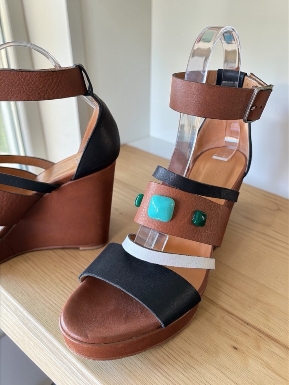 Brown and Black Leather Platform Heels with Turquoise Accent